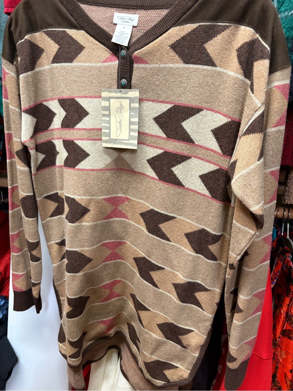Tasha Polizzi Brown, Tan & Pink Geometric V-Neck Sweater